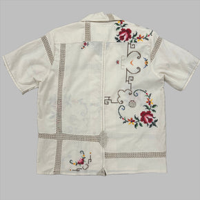 mens shirt made from beige vintage tablelcoth with red rose embroidery